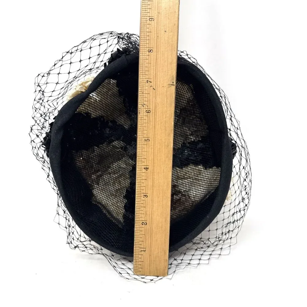 VTG 1950s Pillbox Hat Net Veil Womens Black Cream Taupe Woven Raffia Rockabilly - Picture 11 of 11